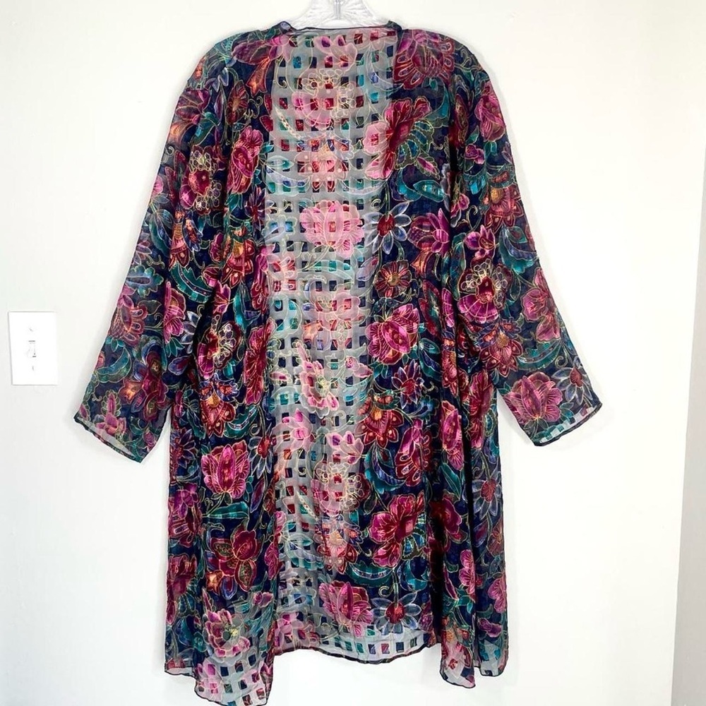 Sheer Floral Velvet Burnout Kimono Duster | Boho Open Front Layering Piece - Picture 2 of 6